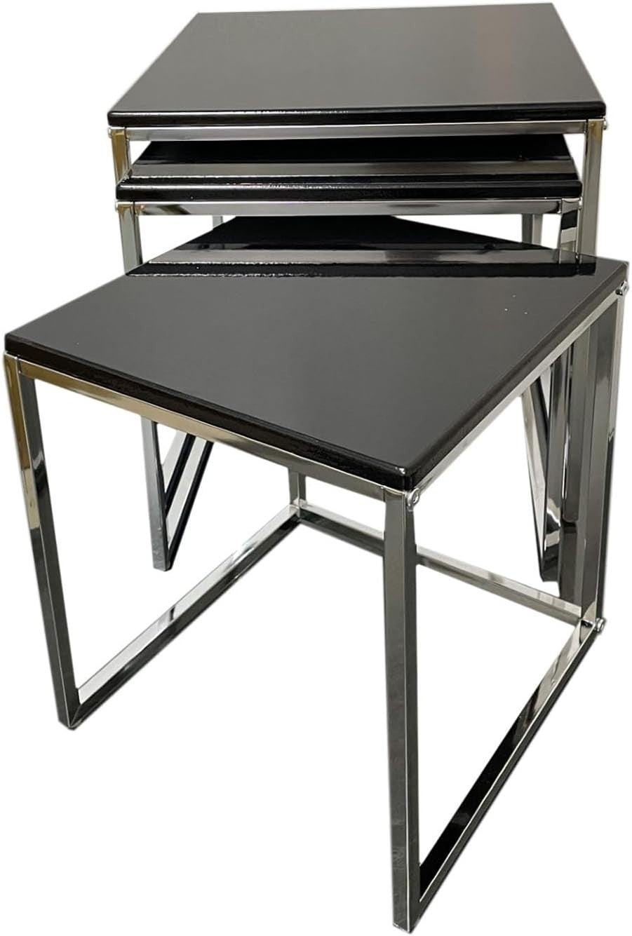 3 Black Nesting Coffee Tables Set Space Saving Living Room Side End Square