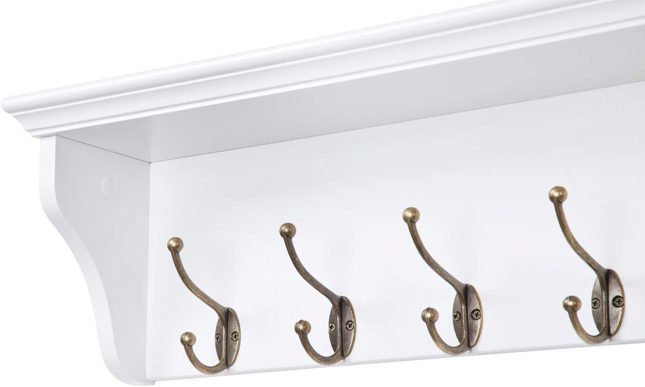 White Wooden Wall Coat Rack with Shelf & 7 Hooks – Hallway Bathroom Organizer