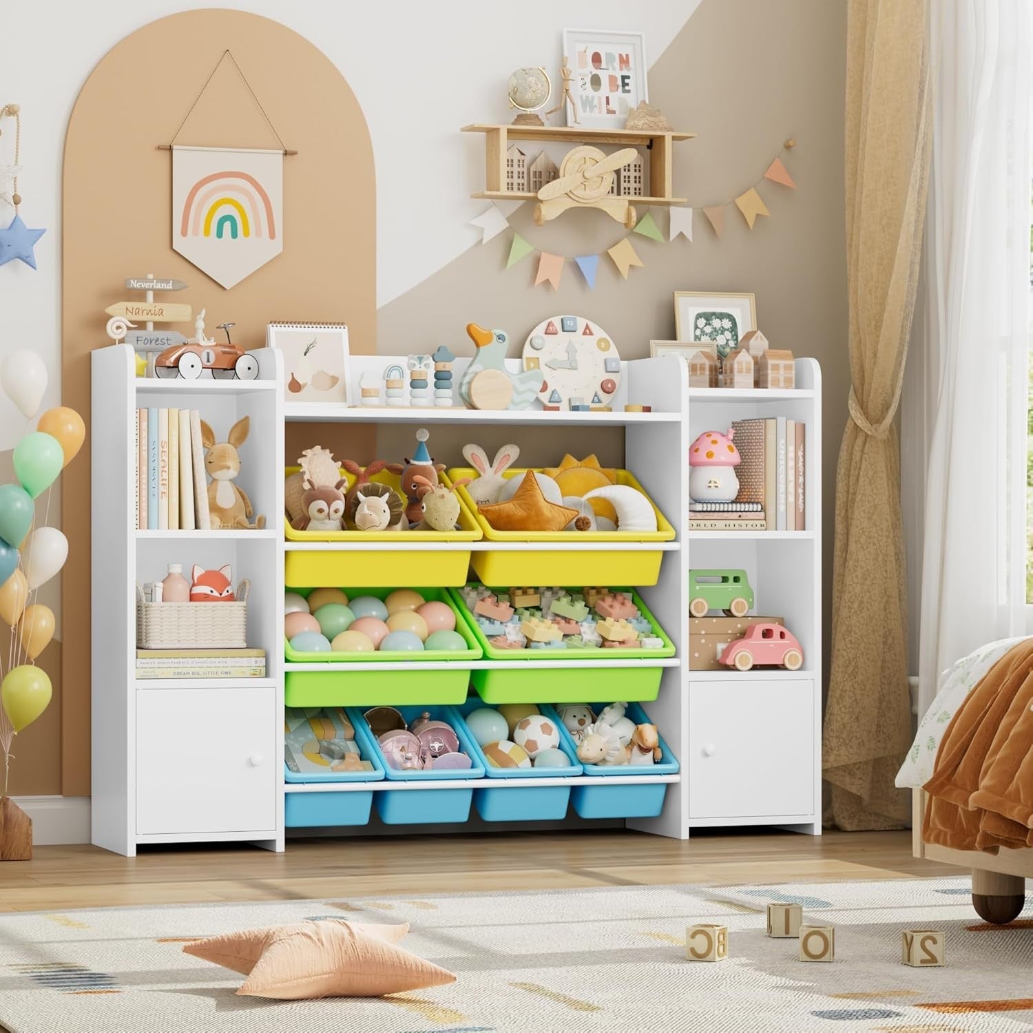 Kids Toy Storage Unit with 8 Boxes & Shelves – Yellow+Green Bookcase Organizer