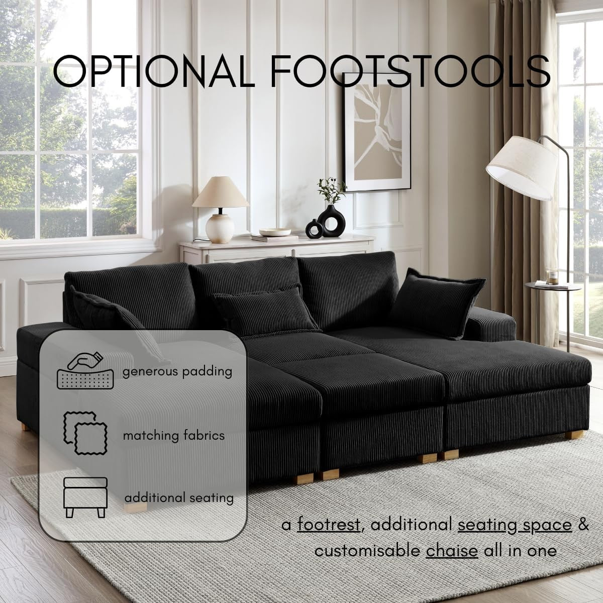 U-Shape Fabric Sofa Jumbo Cord 4-Seater Small or Large + Optional Footstool