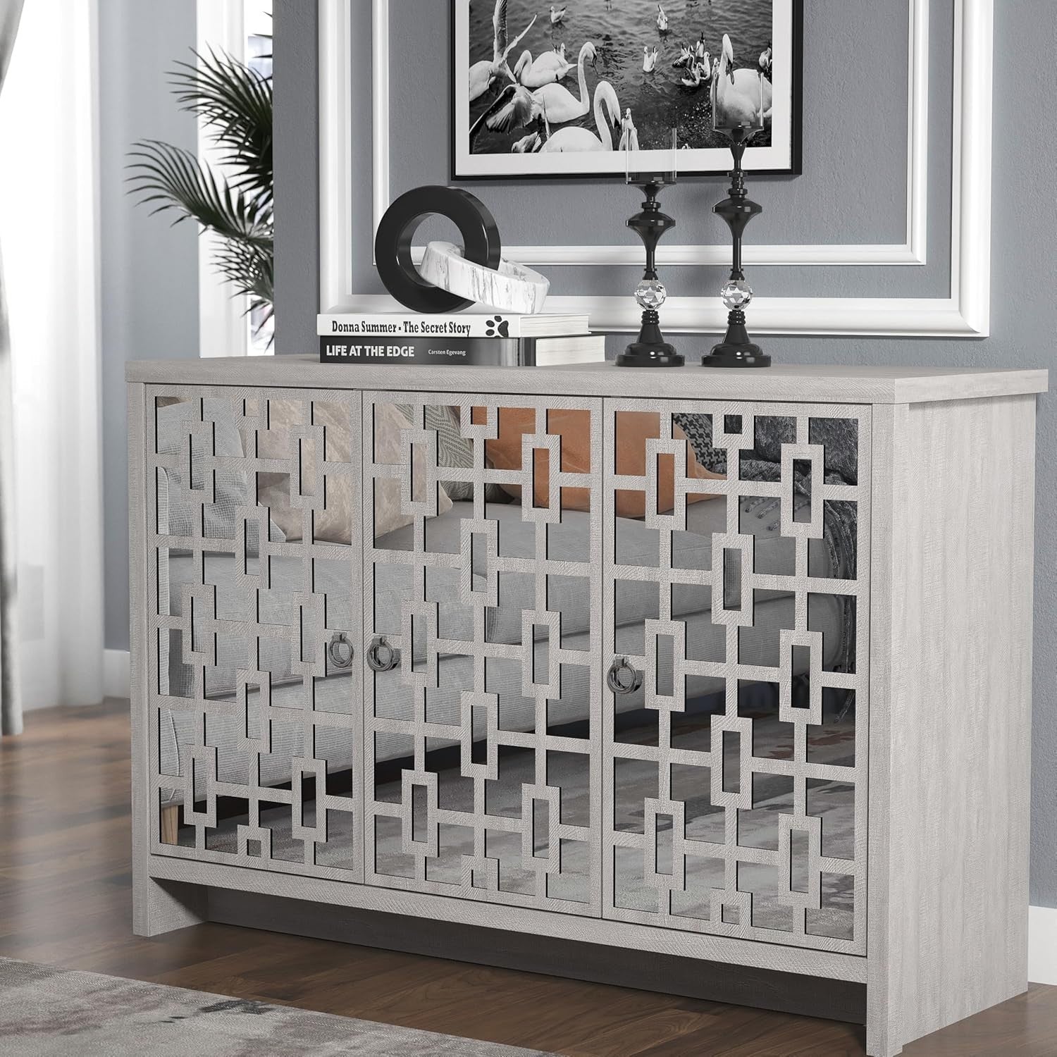 Modern Mirrored Sideboard Cabinet 3 Door Grey Oak Storage Unit Room