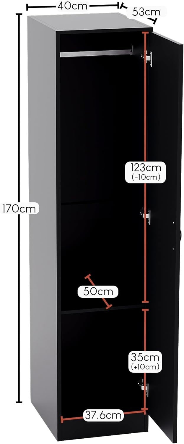 Black 1 Door Bedroom Wardrobe with Shelf & Hanging Rail Storage Unit