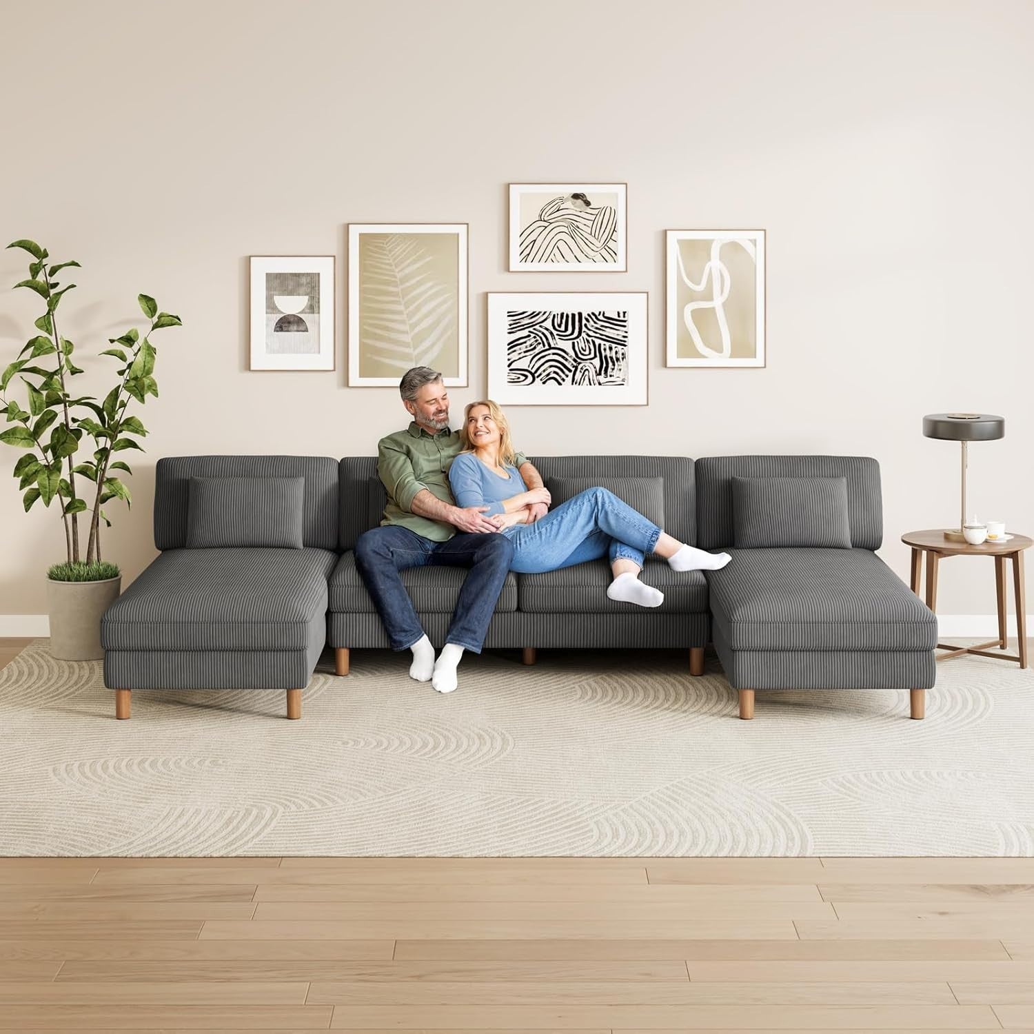 5 Seater U-Shaped Sofa Grey Corduroy with Double Chaise & Washable Covers
