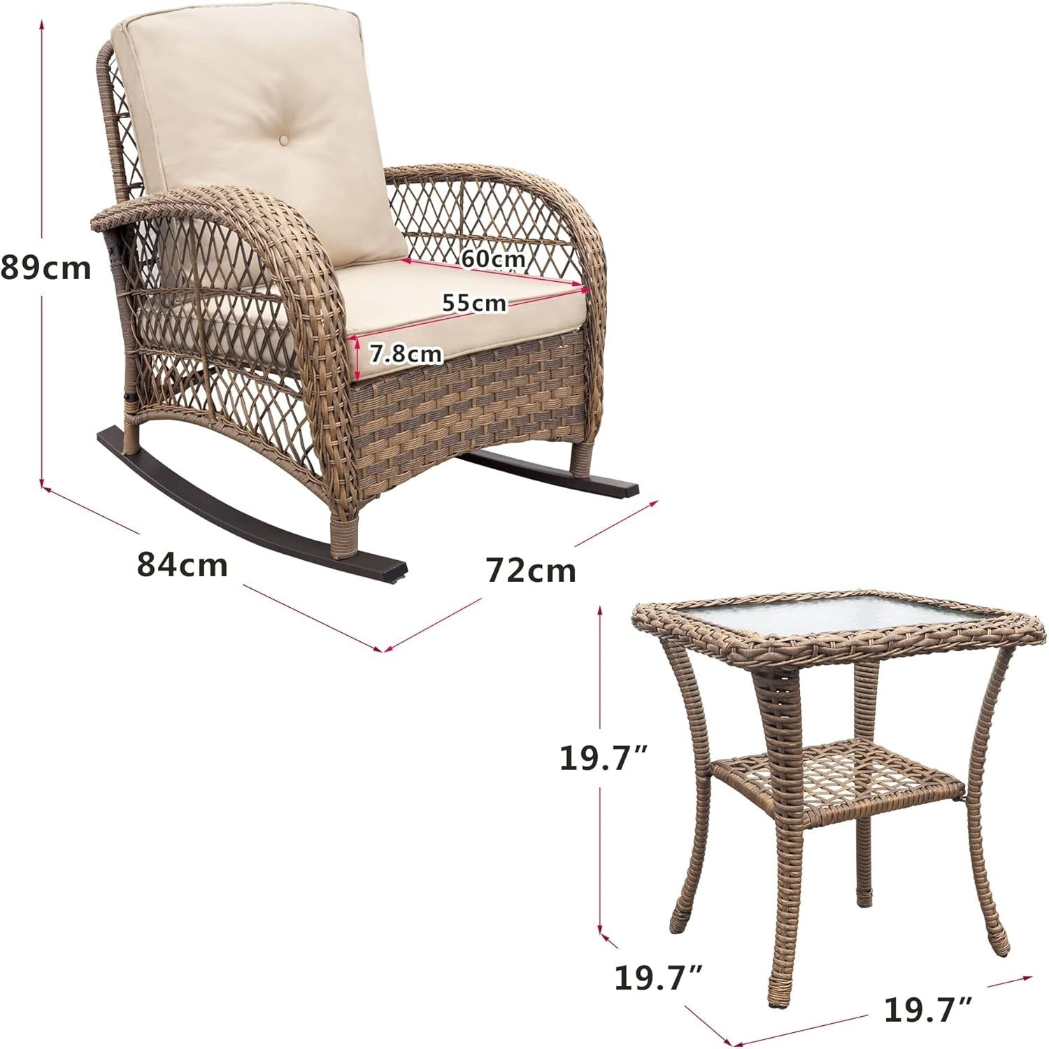 Outdoor Rattan Rocking Bistro Set 3-Piece Patio Chairs Glass Table