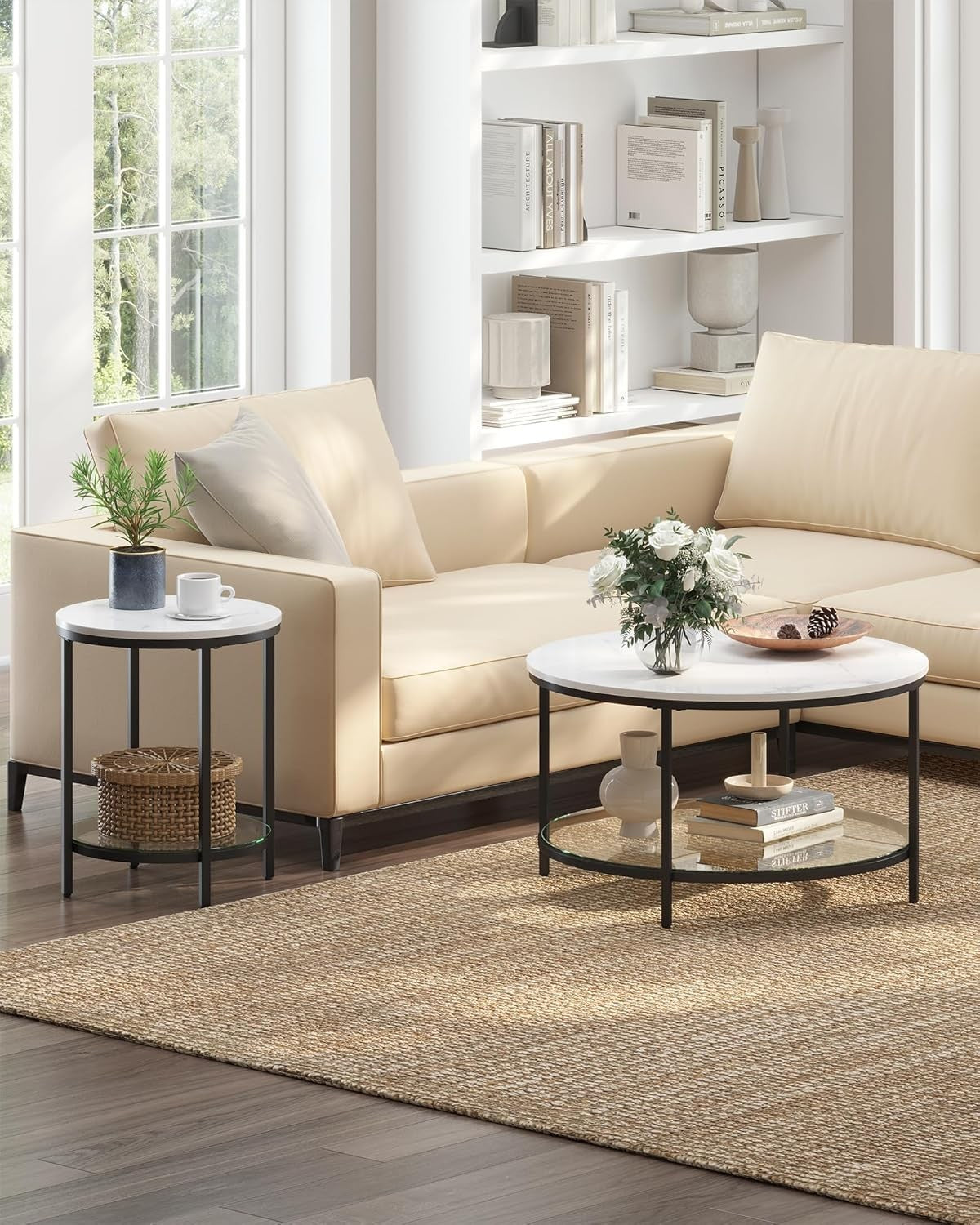 Modern Round Side Table with Glass Shelf, 2-Tier Bedside Coffee Table