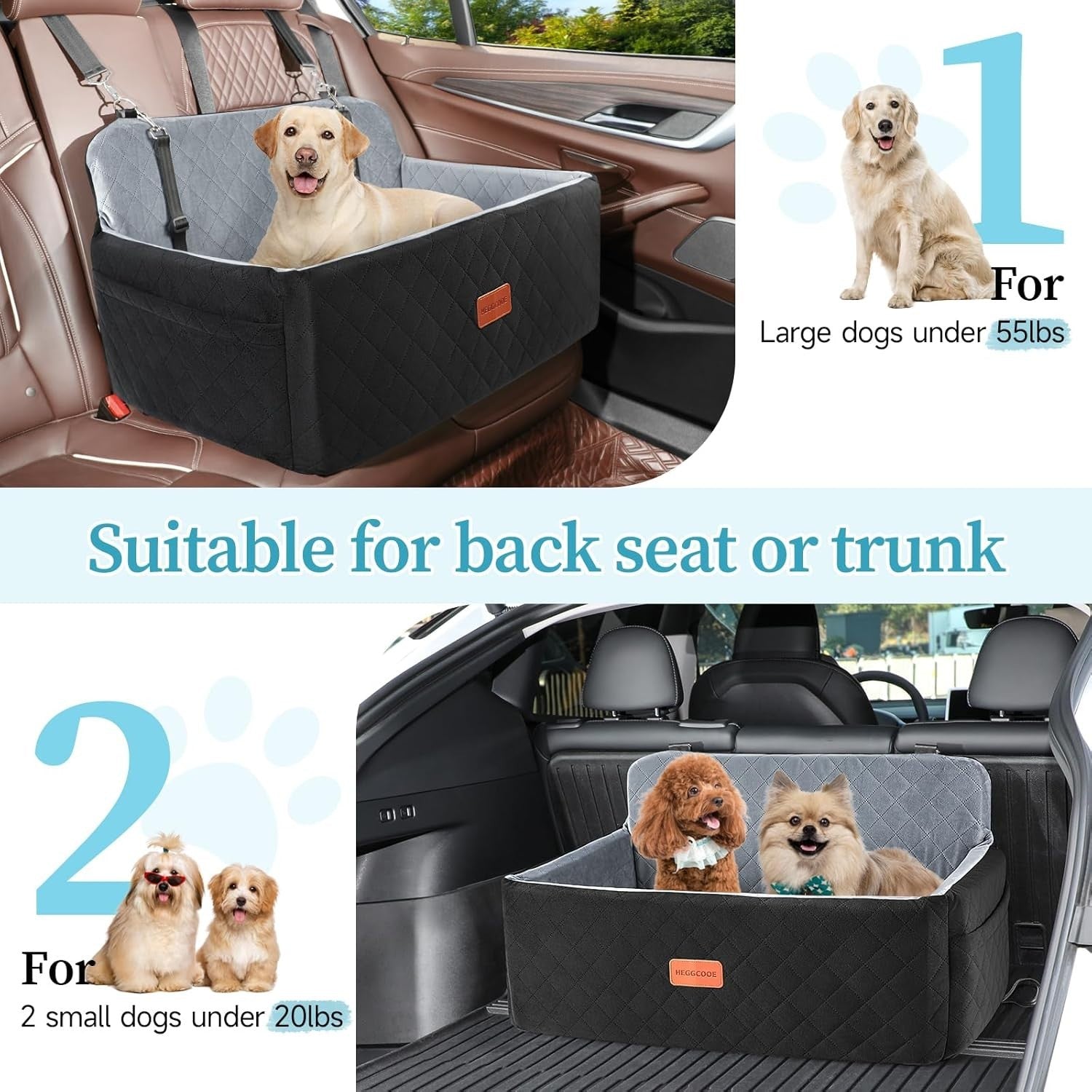 Large Dog Booster Car Seat Washable Travel Bed 55lb Black Grey