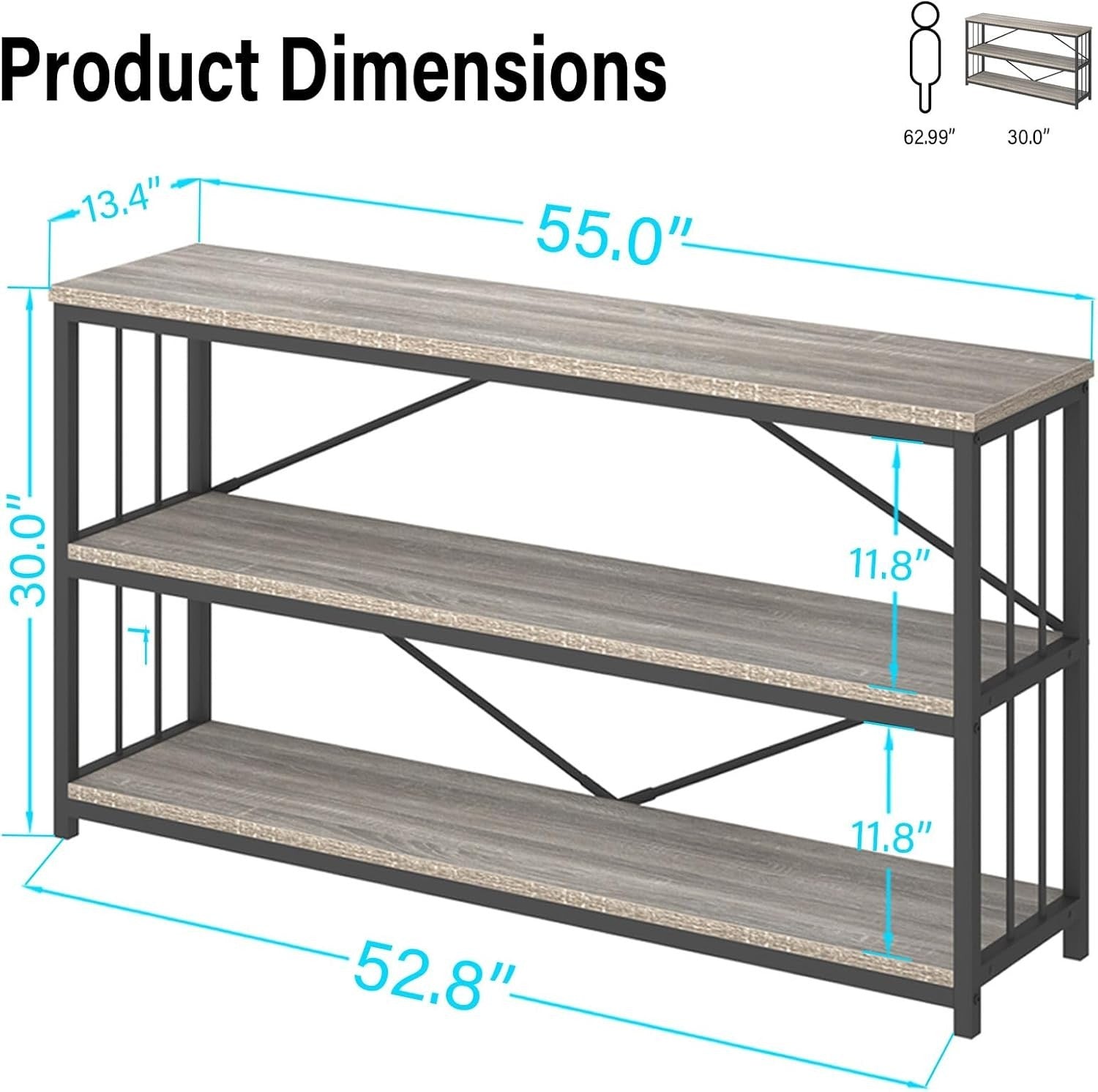 Industrial Console Table 3-Tier Storage, Metal Frame, Rustic Entryway Shelf, 140