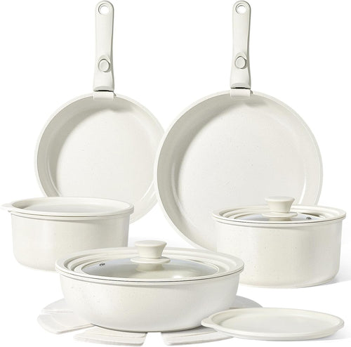 15Pcs White Plus Ceramic Non Stick Cookware Set with Detachable Handle