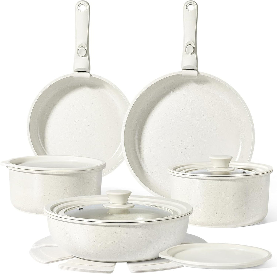 15Pcs White Plus Ceramic Non Stick Cookware Set with Detachable Handle