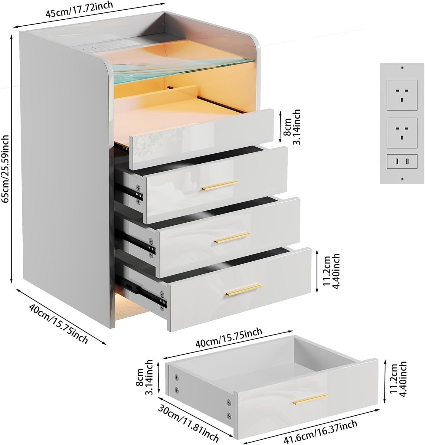 Modern White LED Bedside Table with Power Socket, RGB Light & 3 Drawers