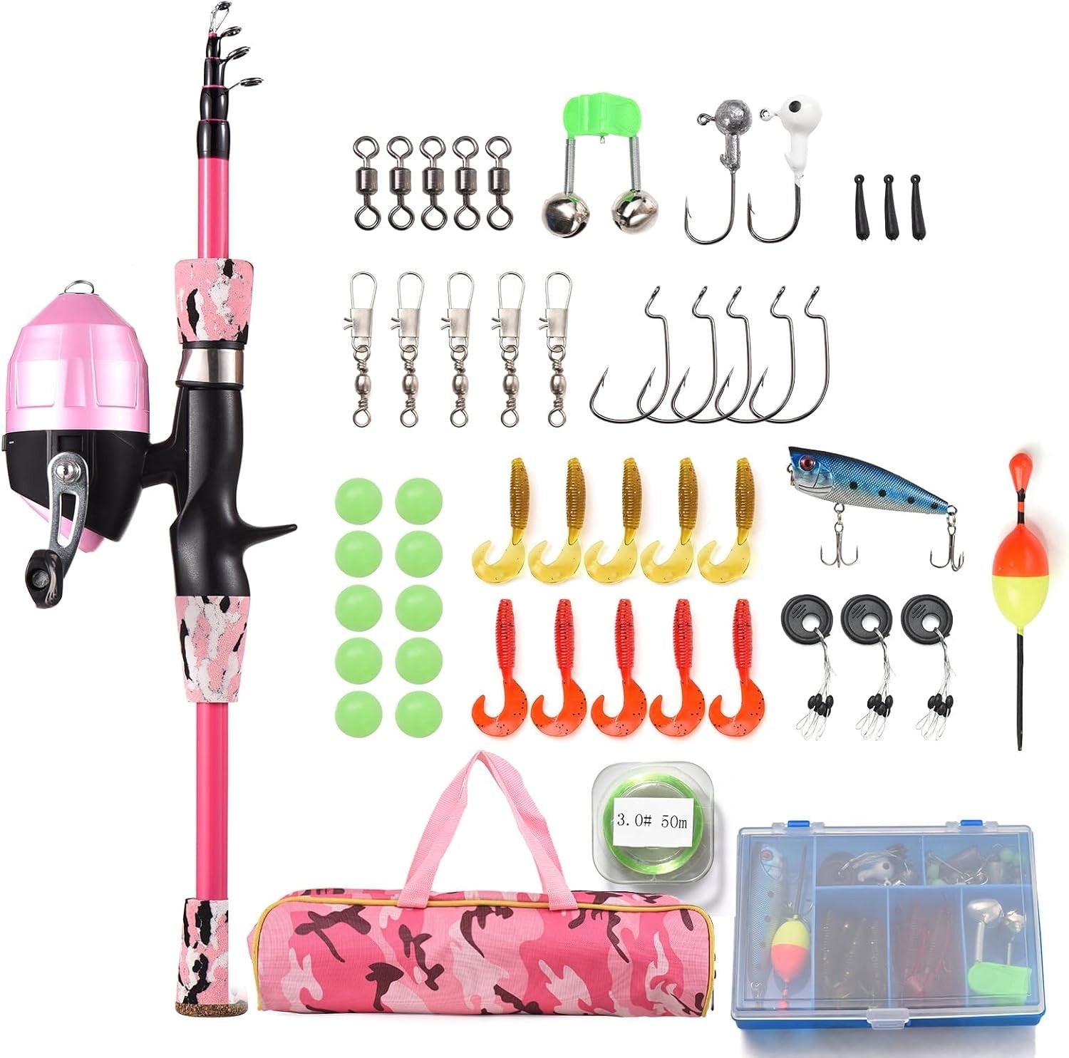 Kids Fishing Rod Reel Combo 1.5m Telescopic Starter Kit Pink