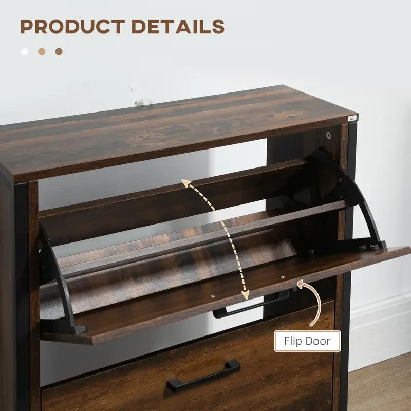 Industrial Shoe Cabinet with 2 Flip Drawers | Slim Rustic Storage Unit