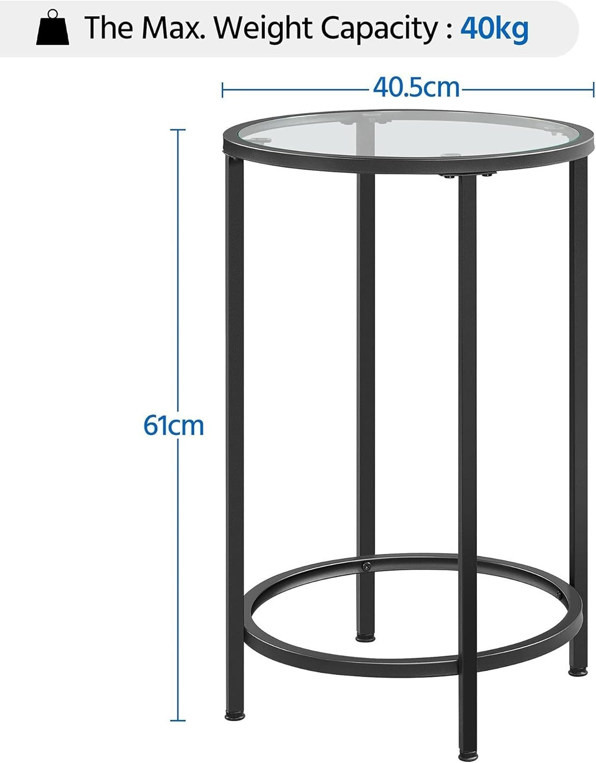 Modern Round Tempered Glass Side Table with Metal Frame, 40.5cm Top, Sturdy