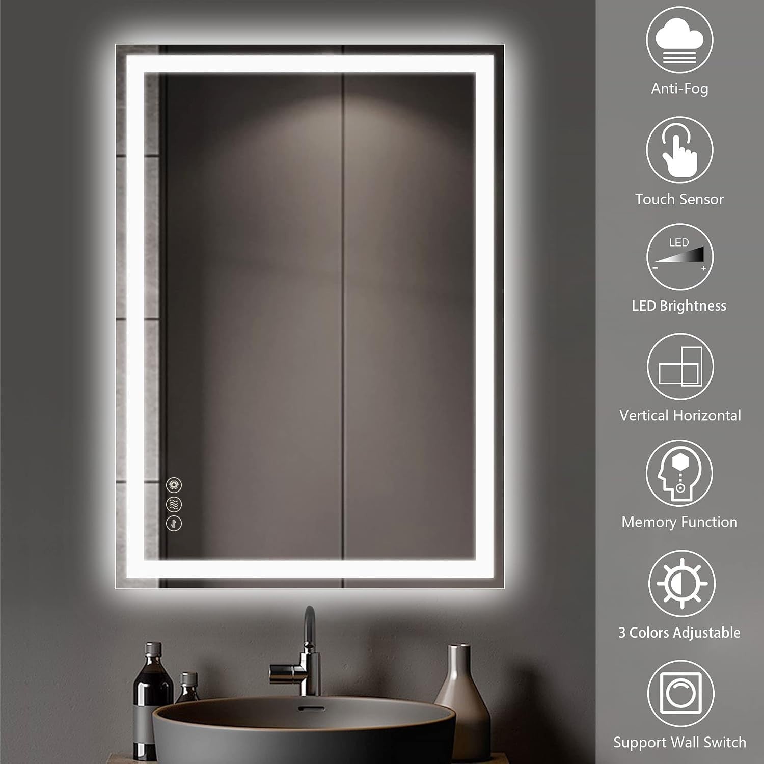 LED Bathroom Mirror 50x70cm Wall Mount Anti-Fog Light Up Demister IP44