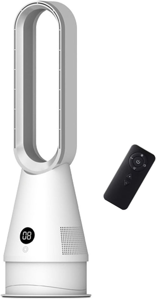 Silver Bladeless Tower Fan 8Speed LED Display Quiet Cooling 9H Timer 32dB Modern