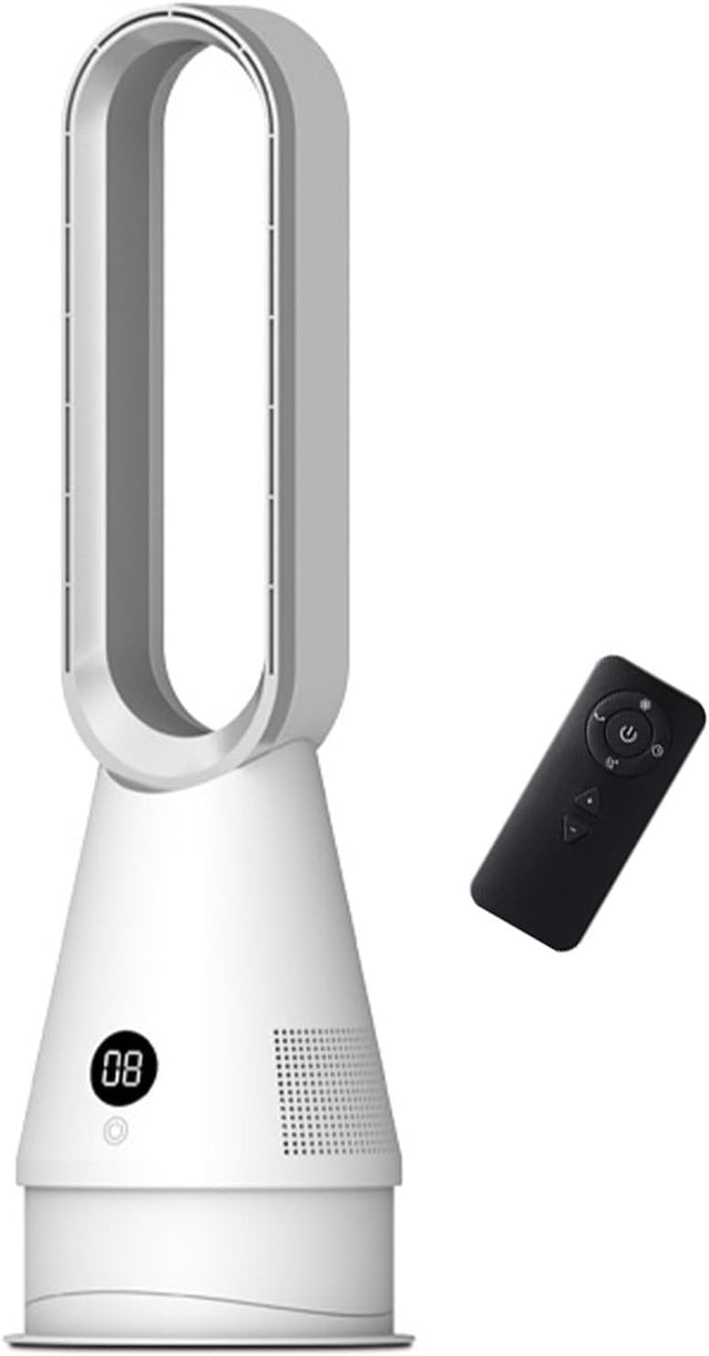 Silver Bladeless Tower Fan 8Speed LED Display Quiet Cooling 9H Timer 32dB Modern