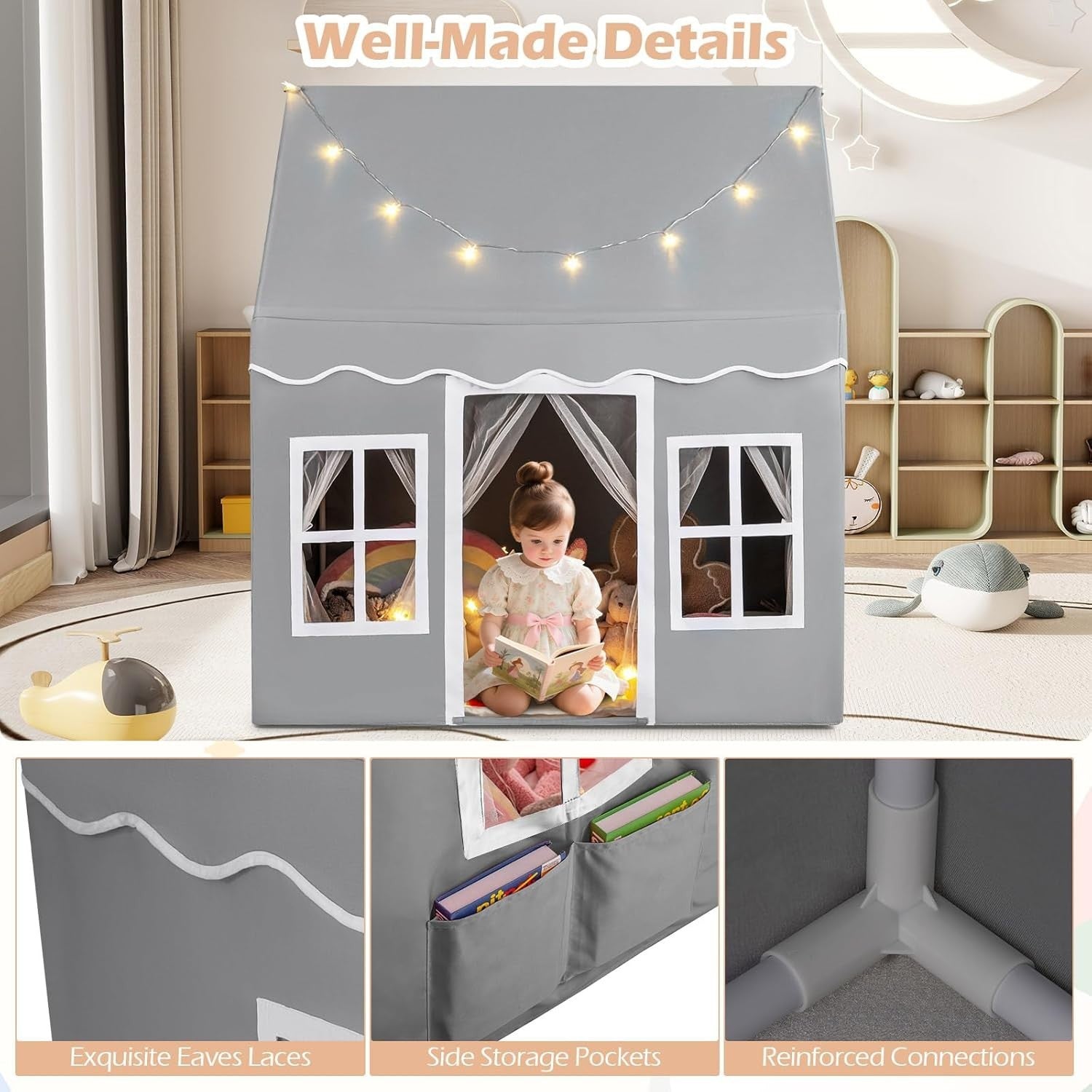 Grey Kids Castle Play Tent Star Lights Large Indoor Fairy House