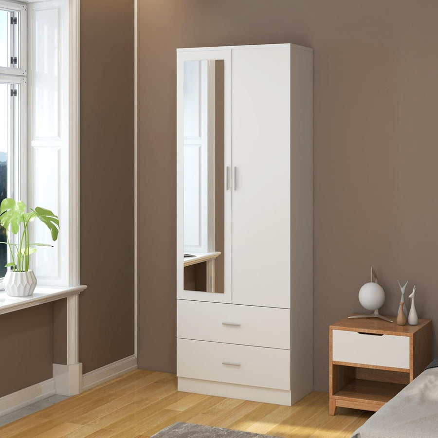 Mirrored 2 Door Wardrobe with Hanging Rail & Drawers - Sturdy, Modern Storage