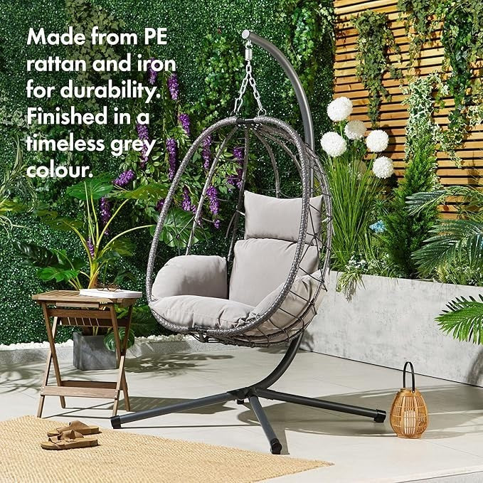 Hanging Egg Chair with Cushions Outdoor Indoor Rattan Swing Seat Grey