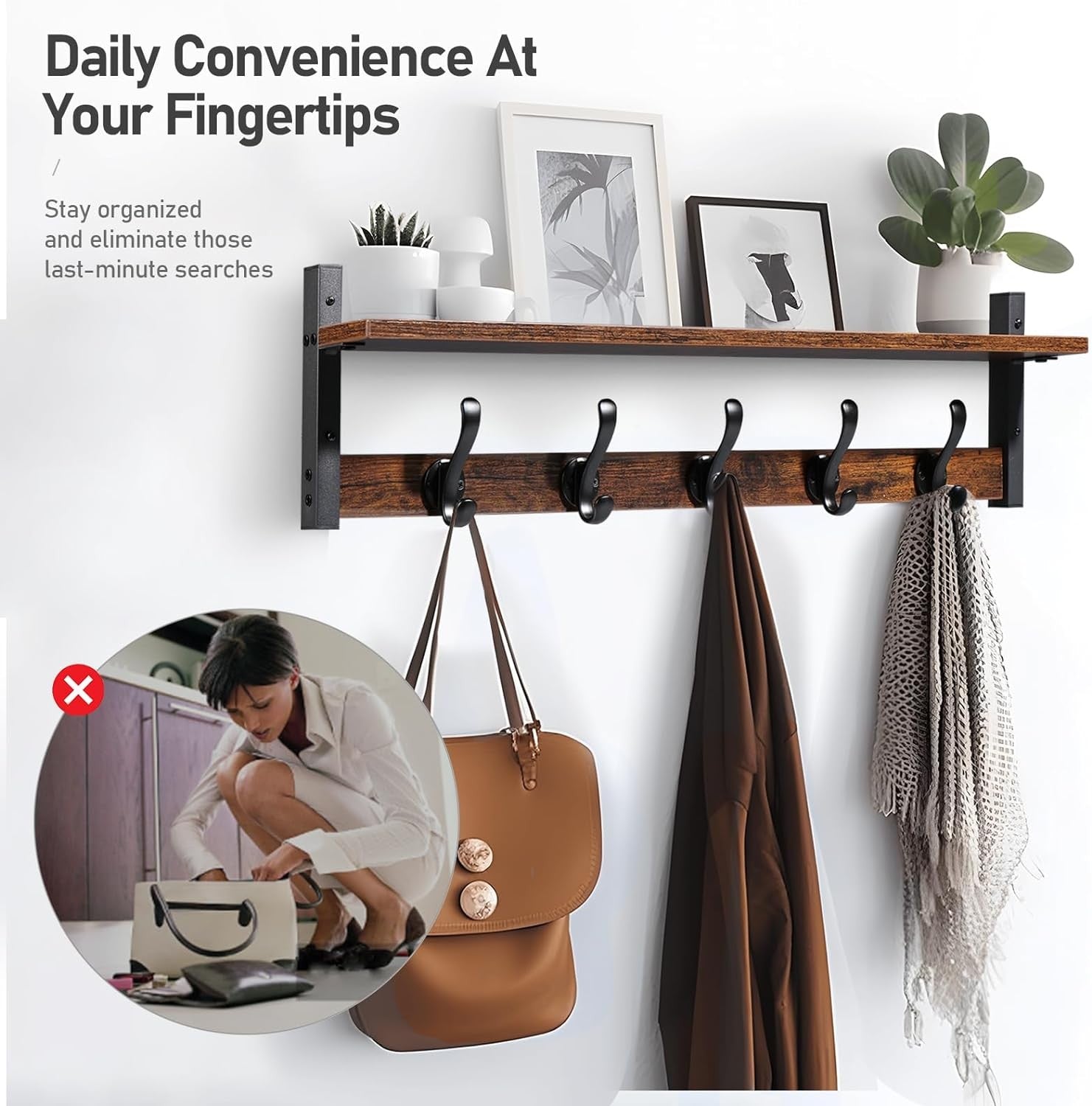 Rustic Brown Black Wall Mounted Coat Rack with Shelf | 29” Hooks Entryway