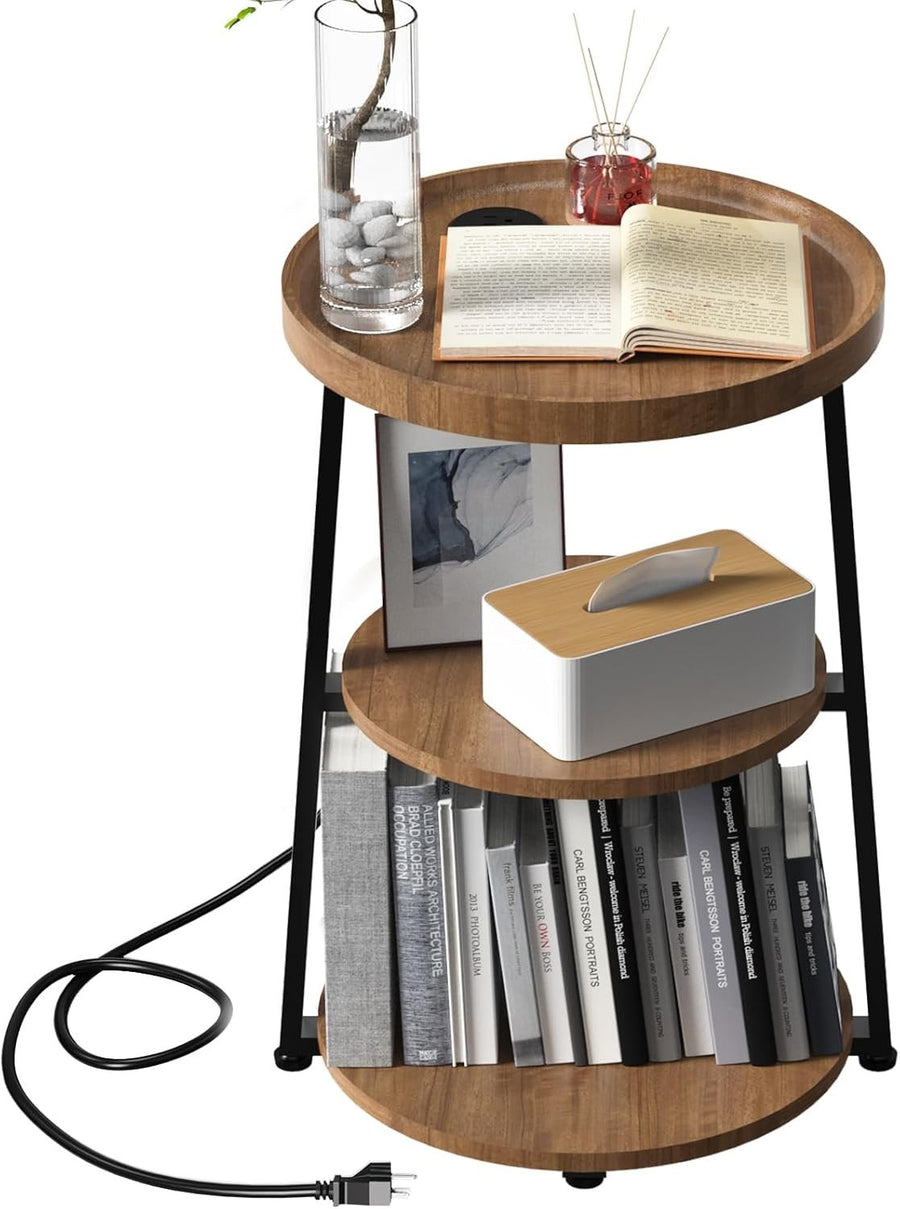 3-Tier Round Rustic Brown Side Table with Charging Station, 40x40x61cm