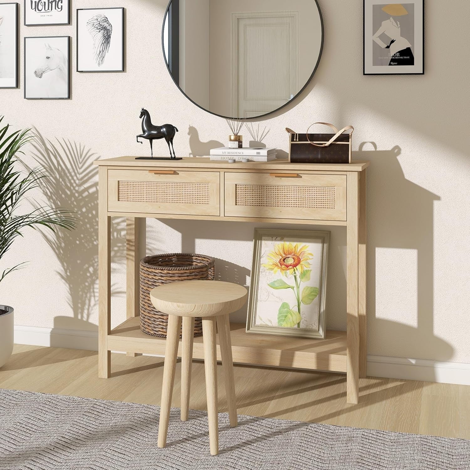 Boho Rattan Console Table with Drawers & Open Shelf, Rustic Entryway