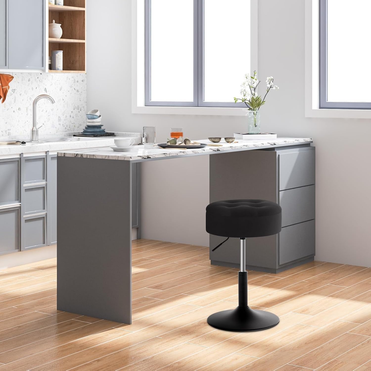Set of 2 Black Velvet Swivel Vanity Stools with Storage Round Adjustable