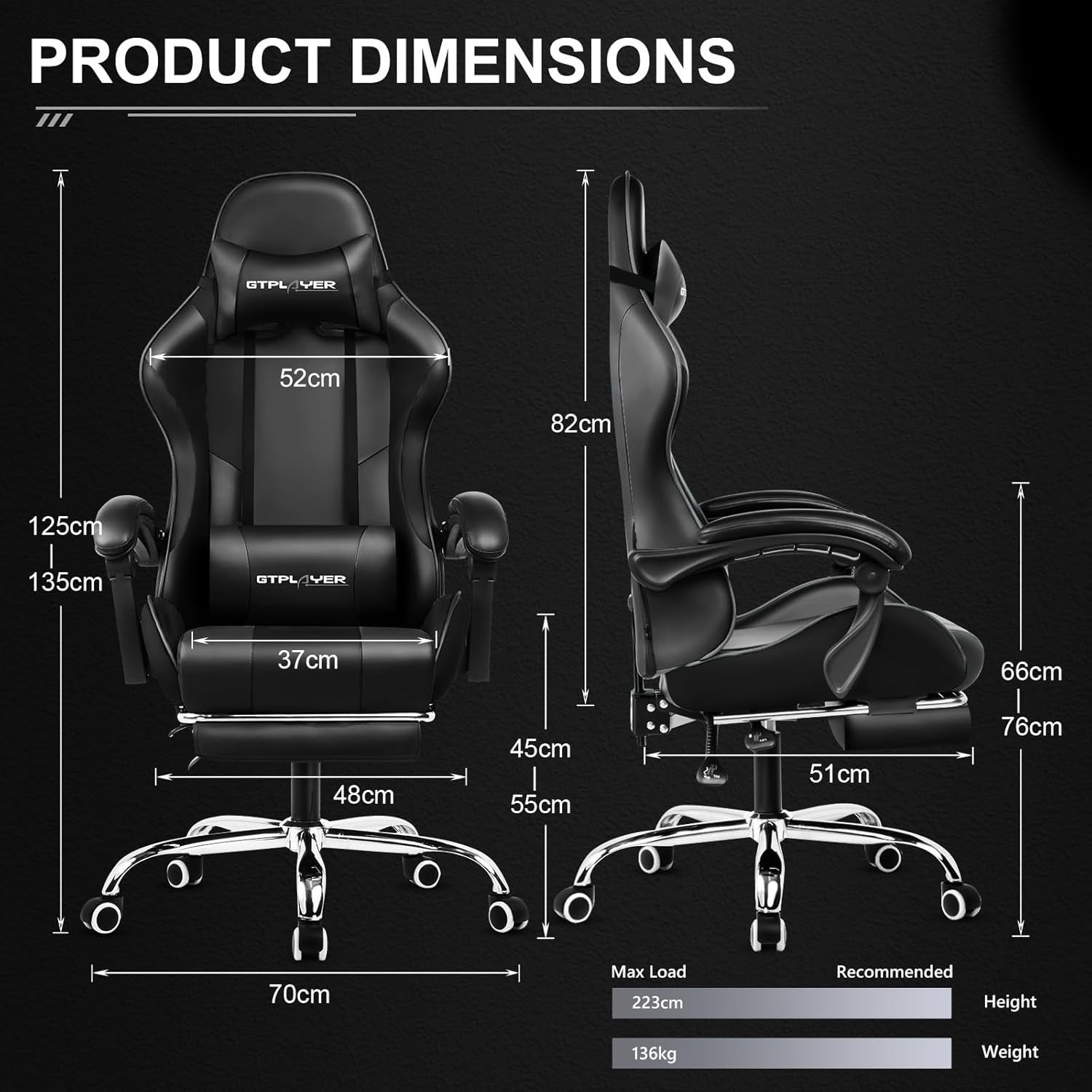 Gaming Chair PU Leather Desk Office Swivel Recliner Footrest Massager Lumbar Bla