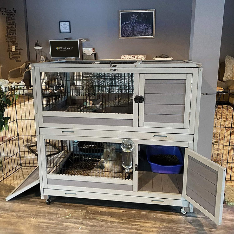 Indoor Outdoor Rabbit Hutch on Wheels Lockable Cage with Deep Tray