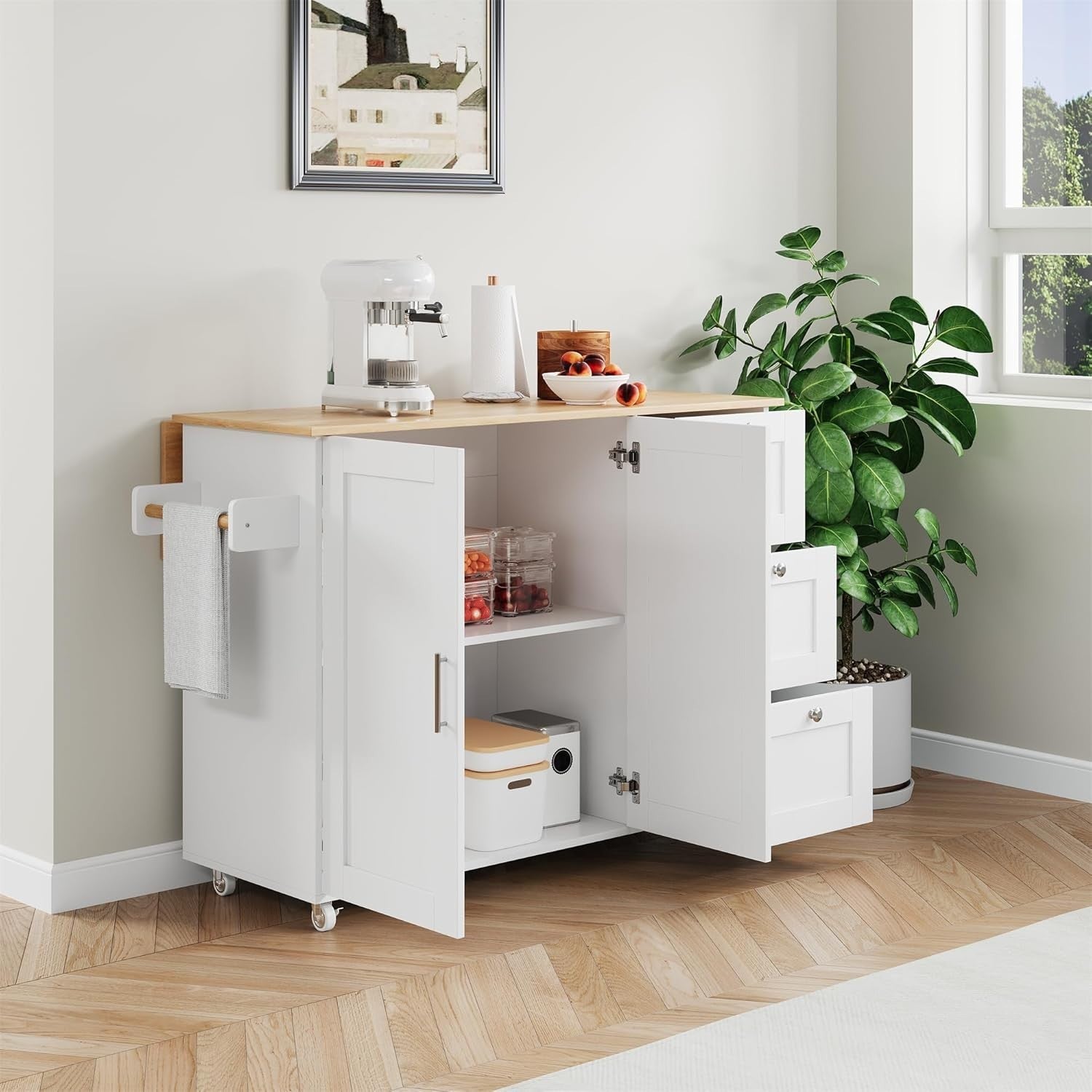 White Rolling Kitchen Island Foldable Worktop 135cm