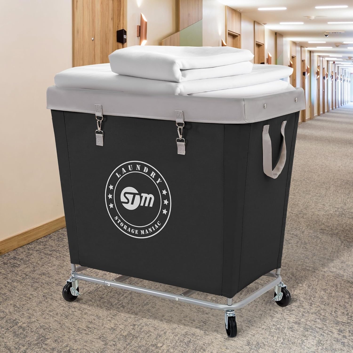 320L Commercial Laundry Hamper on Wheels | Heavy-Duty Steel Cart | Large Black B