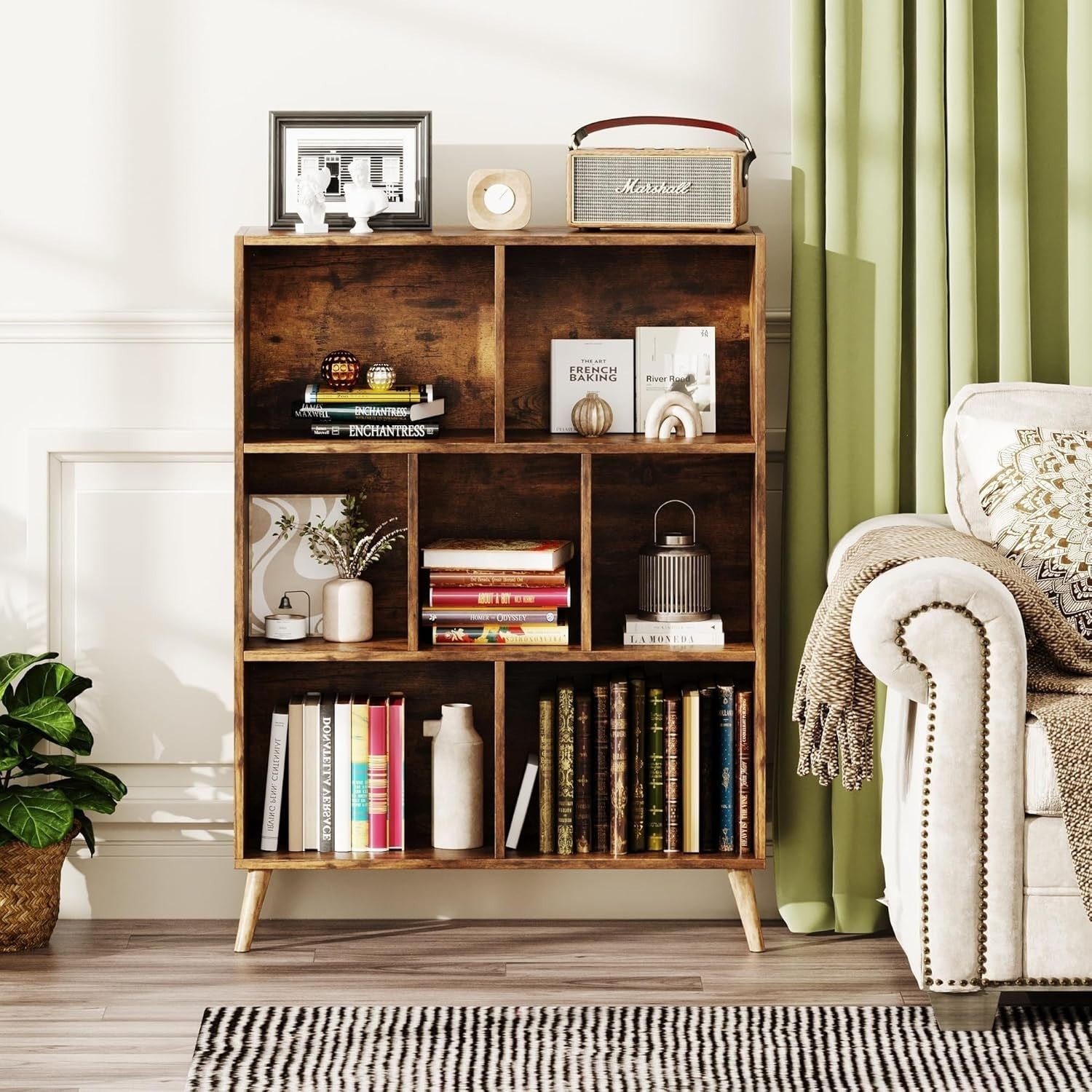 7 Cube Rustic Wooden Bookcase Modern 3 Tier Storage Shelf with Legs 80x24x107cm