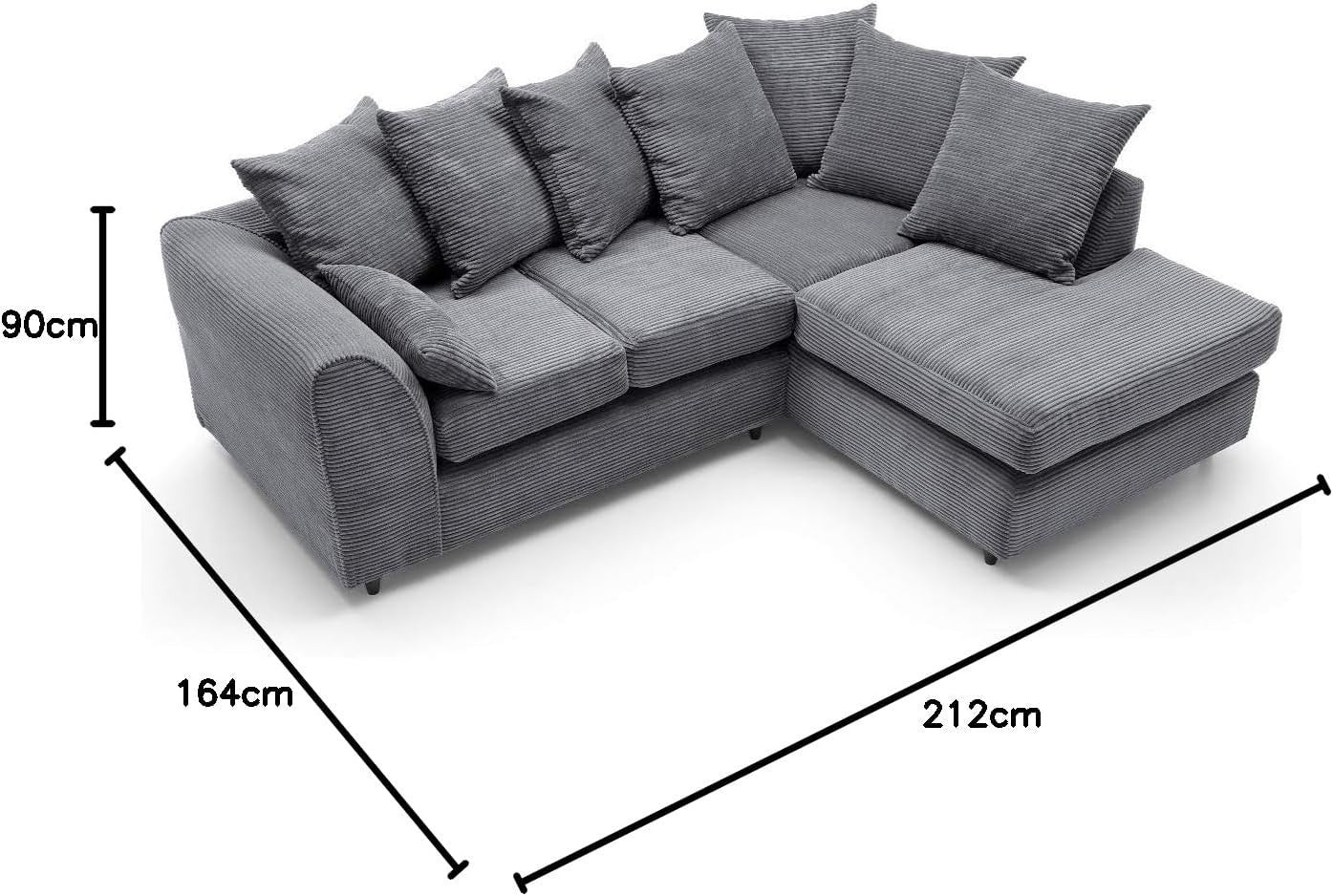 Grey Jumbo Cord Right Hand L Shaped Sofa | Deep Cushions | Durable Frame