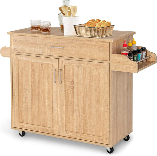 Natural Kitchen Island Cart with Storage Cabinet, Drawer & Lockable Wheels