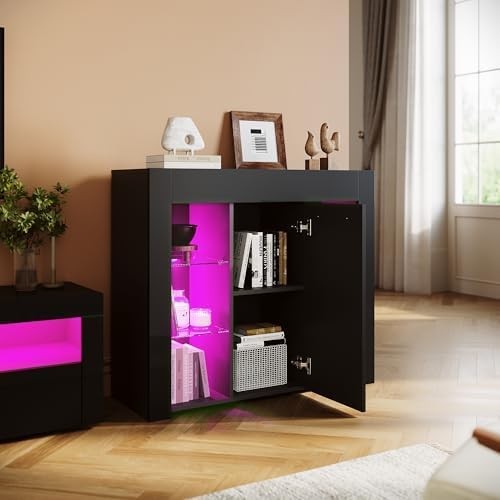 Black Gloss LED Sideboard Cabinet with Central Door & Shelves Modern TV Storage
