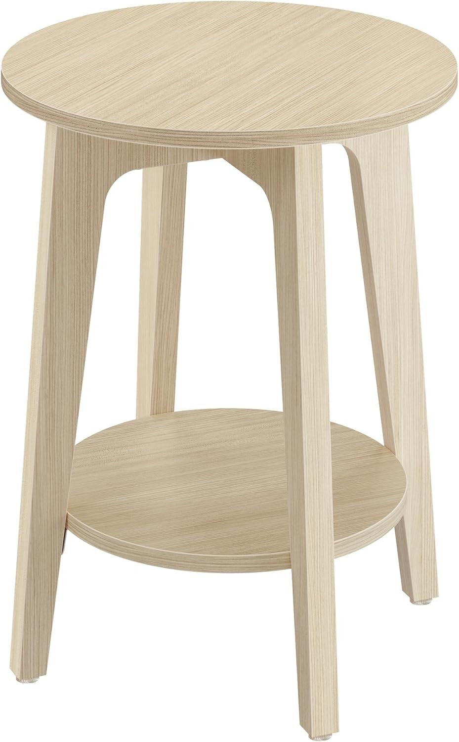 Small Round Side Table with Lower Shelf, Natural Wood Look, Space-Saving End