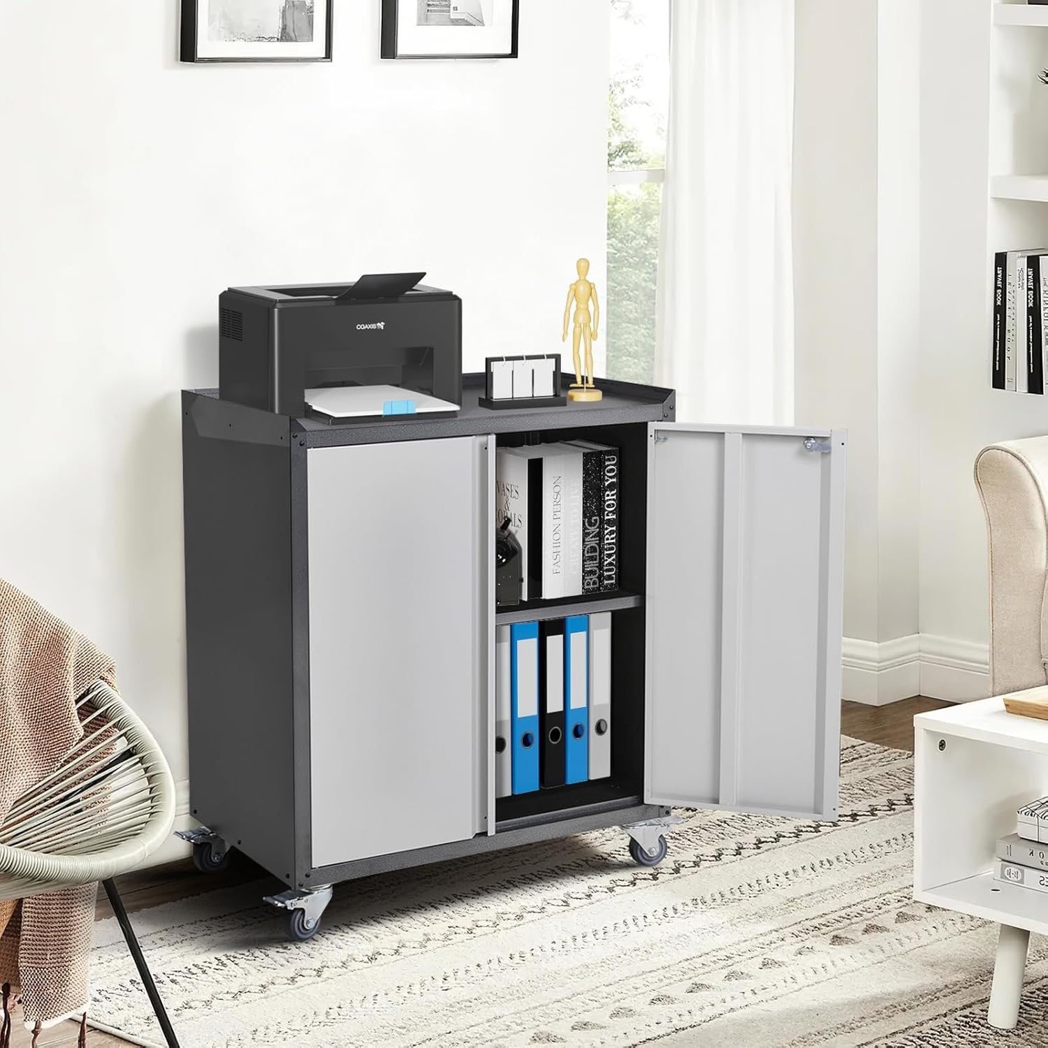 Lockable Metal Filing Cabinet on Wheels 2 Door Office Storage 90cm