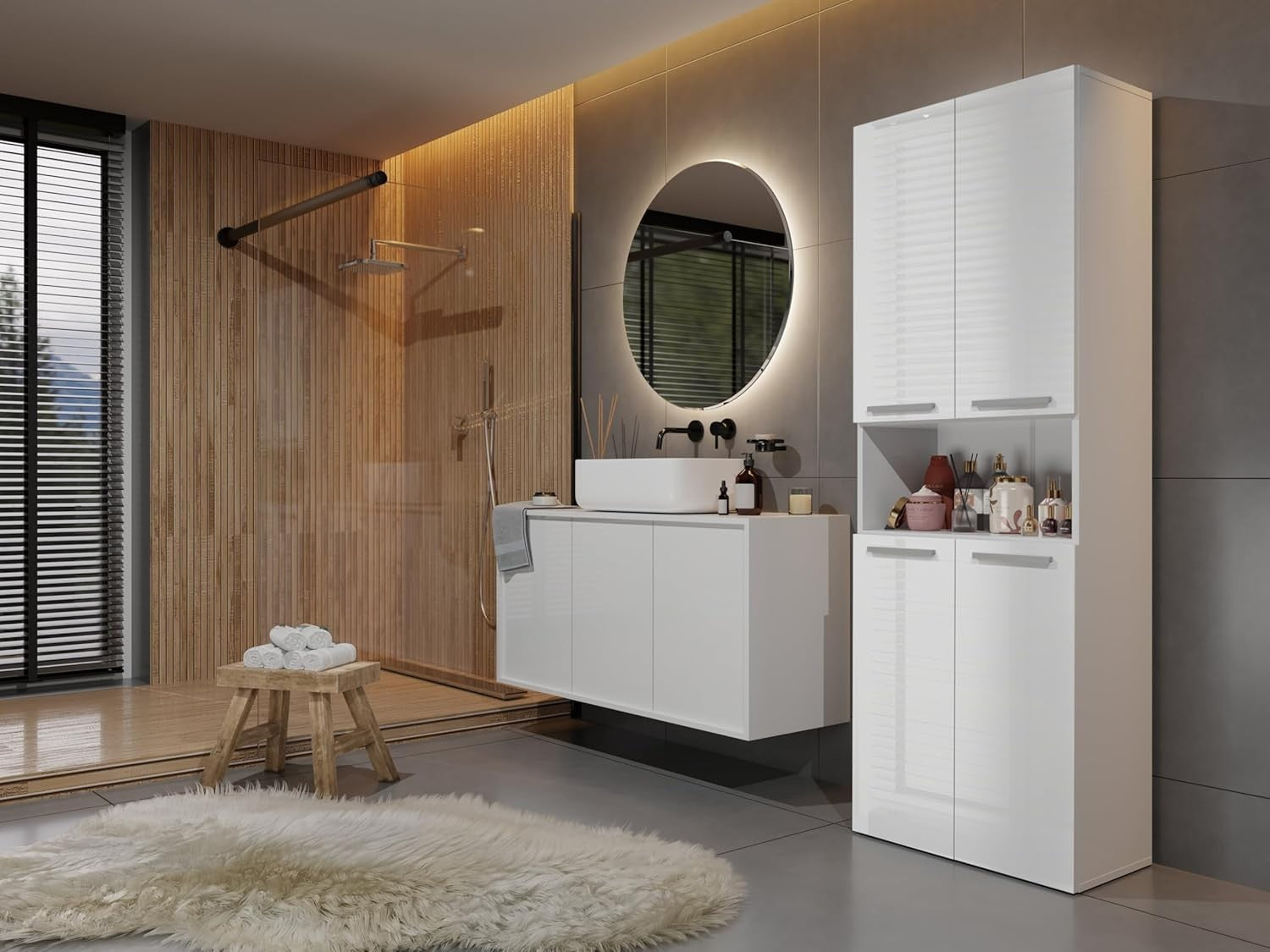 Modern White Gloss Bathroom Tall Storage Cabinet with Laundry Basket