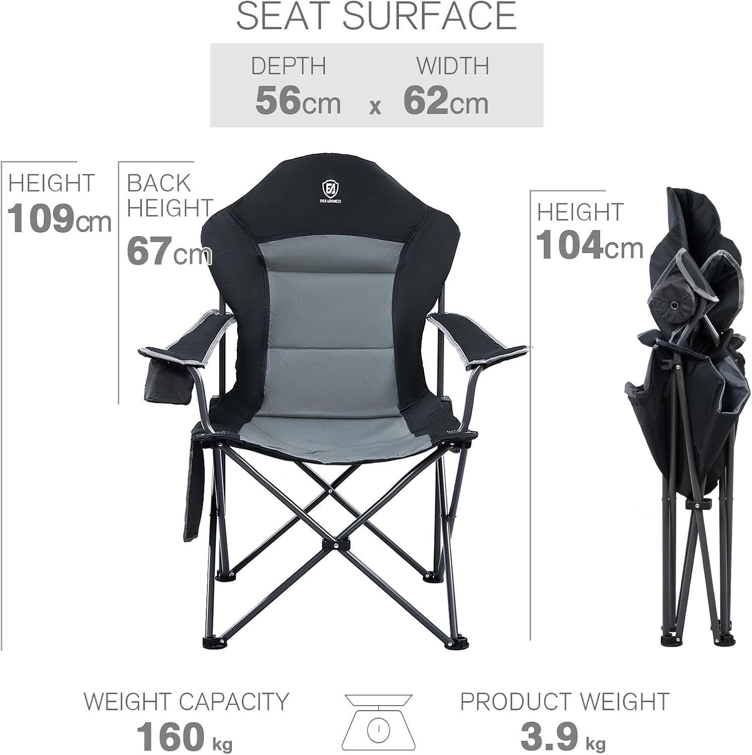 Heavy Duty Folding Camping Chair 160kg Comfy High Back Armrest Cup Holder
