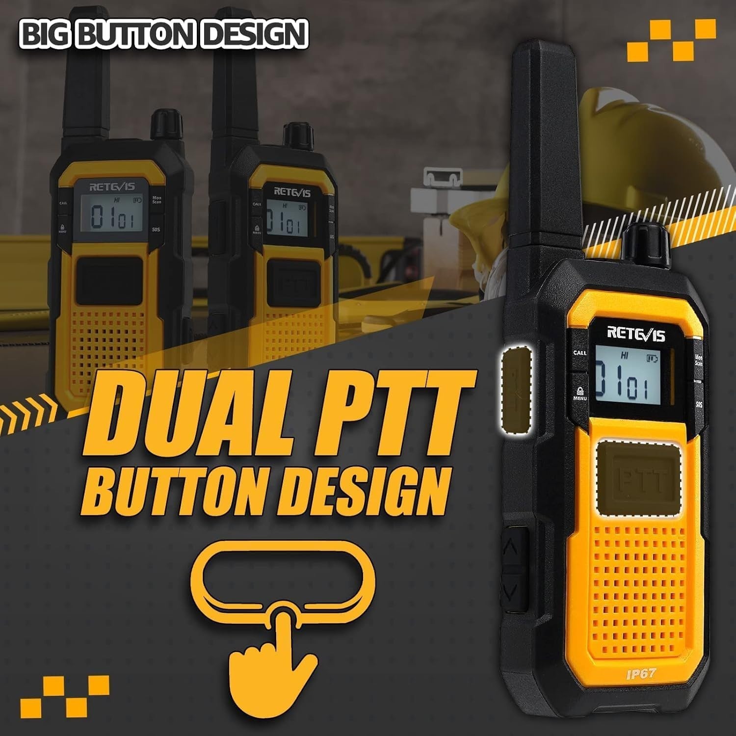 Heavy Duty Walkie Talkies IP67 Waterproof w Earpiece 6 Pack Charger