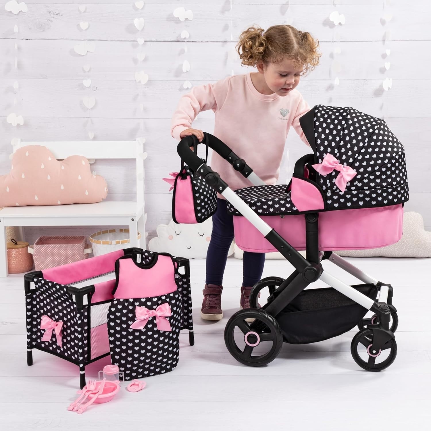 Dolls Pram Pushchair Convertible Adjustable Handle Bed Bag Set