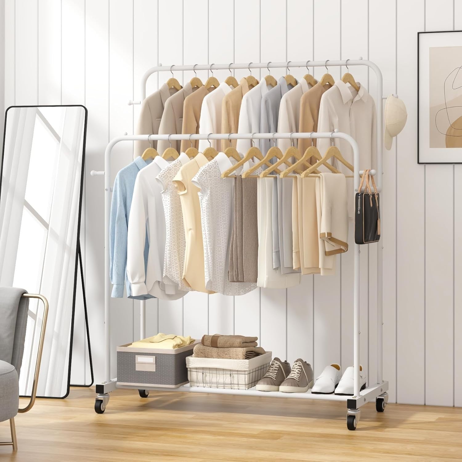 White Double Clothes Rail with Wheels & Hooks 169cm
