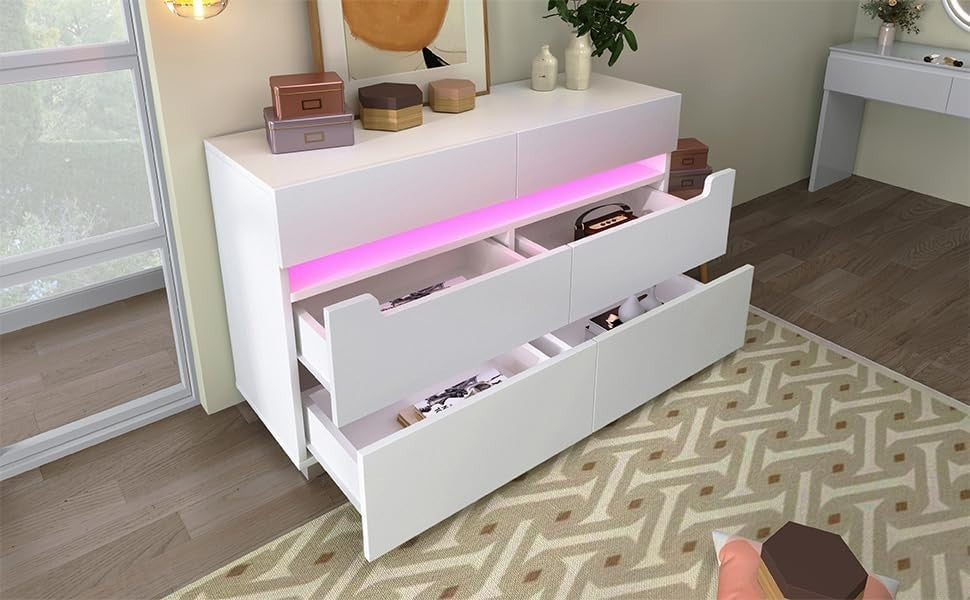 Modern White Sideboard Cabinet 6 Drawers RGB LED Storage Dresser Floor Mount