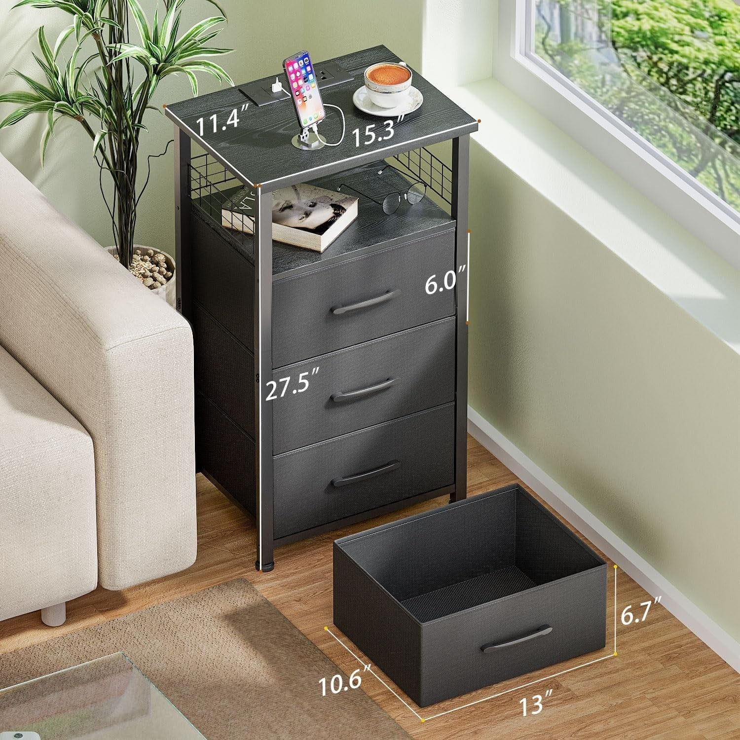 Set of 2 Black LED Bedside Tables with 3 Drawers, USB Ports & Power Outlets
