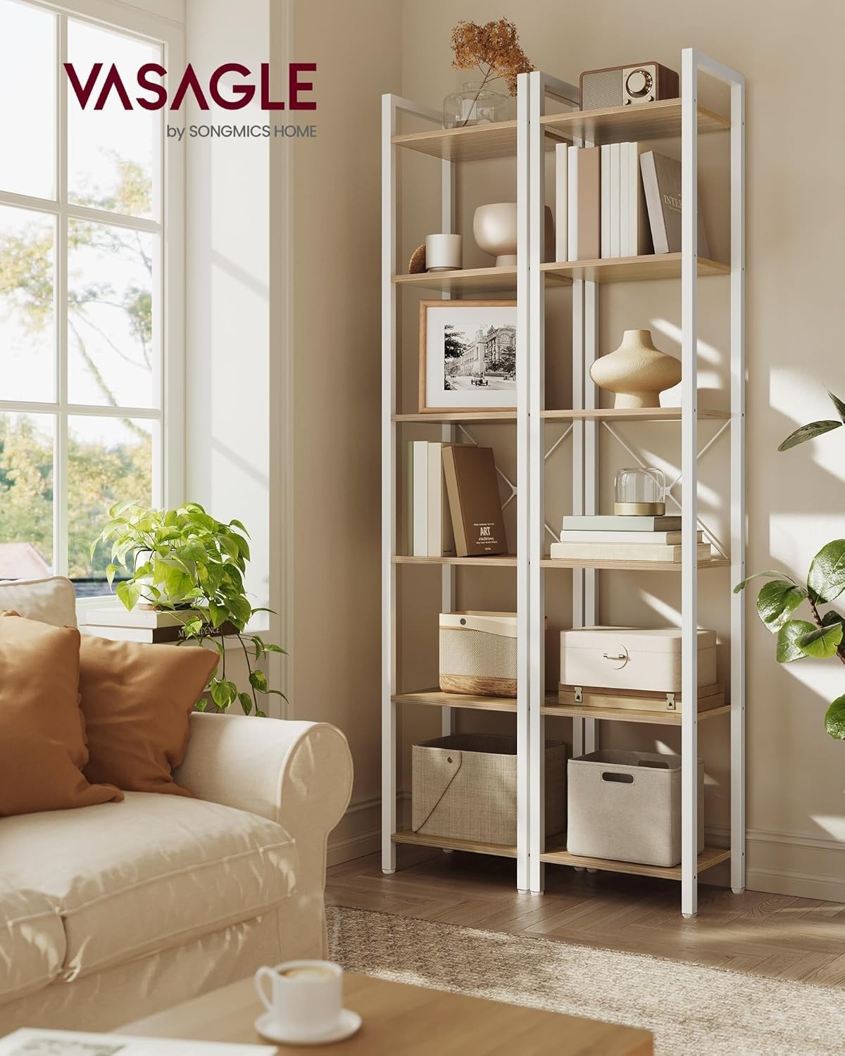 6-Tier Industrial Bookshelf 187.5cm Tall Slim Storage Unit Beige White