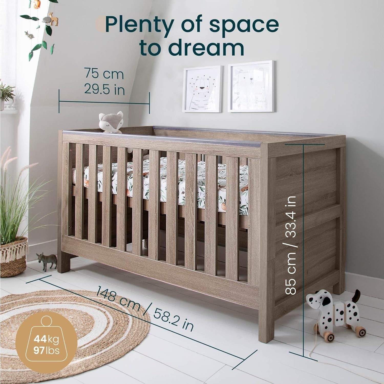 3in1 Wooden Baby Cot Bed Toddler Day Bed Adjustable Rails Oak 140x70cm
