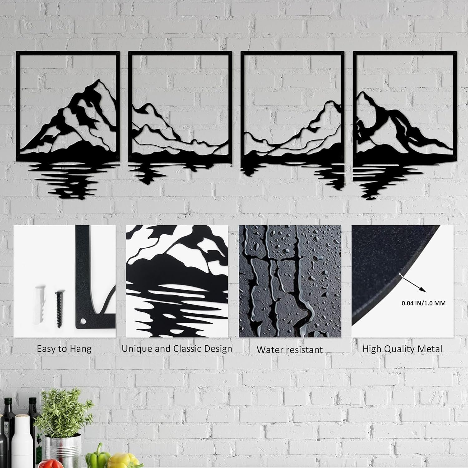 4 Panel Mountain Metal Wall Art Large 180x56cm