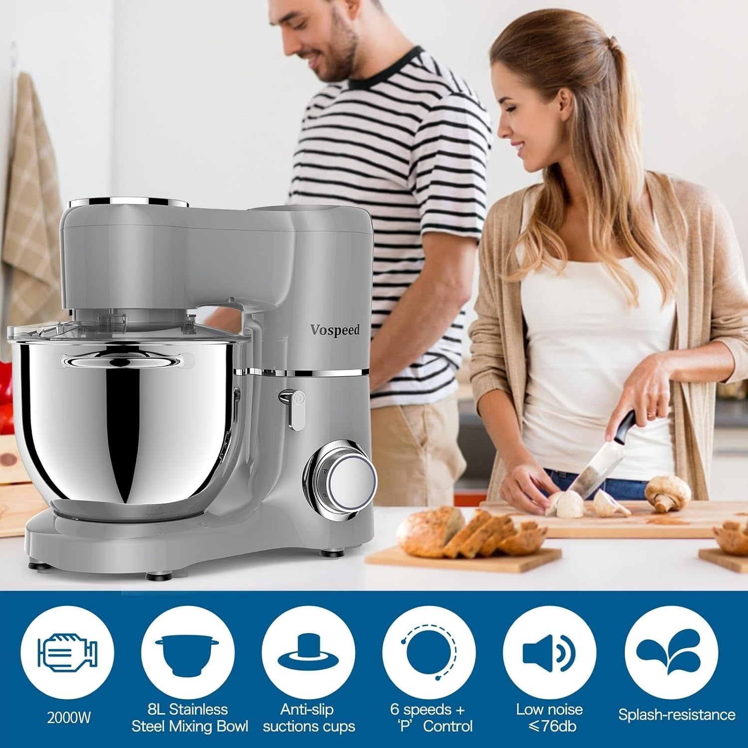 2000W Stand Mixer 8L Bowl Dough Hook Beater Whisk Tilt-Head Kitchen Chef