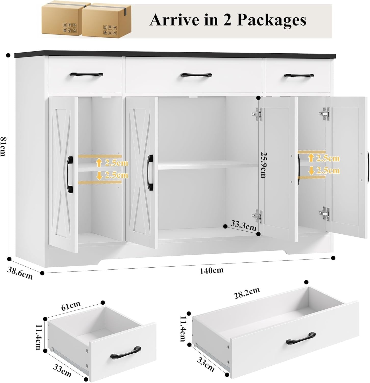 White & Black 140cm Kitchen Sideboard 3 Drawers 4-Door Adjustable Shelf