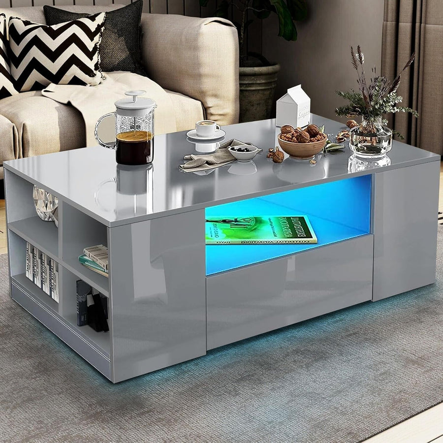Grey High Gloss Coffee Table with 2 Drawers, LED RGB Lights & Storage 95x55x37cm